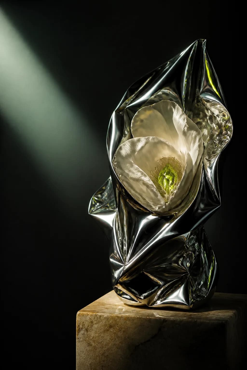 Original Studio image direction: chrome sculpture and a flower